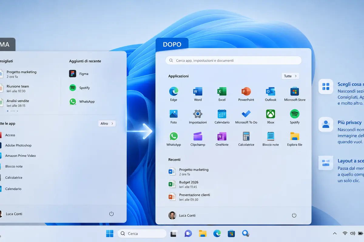Confronto prima e dopo il menu Start
