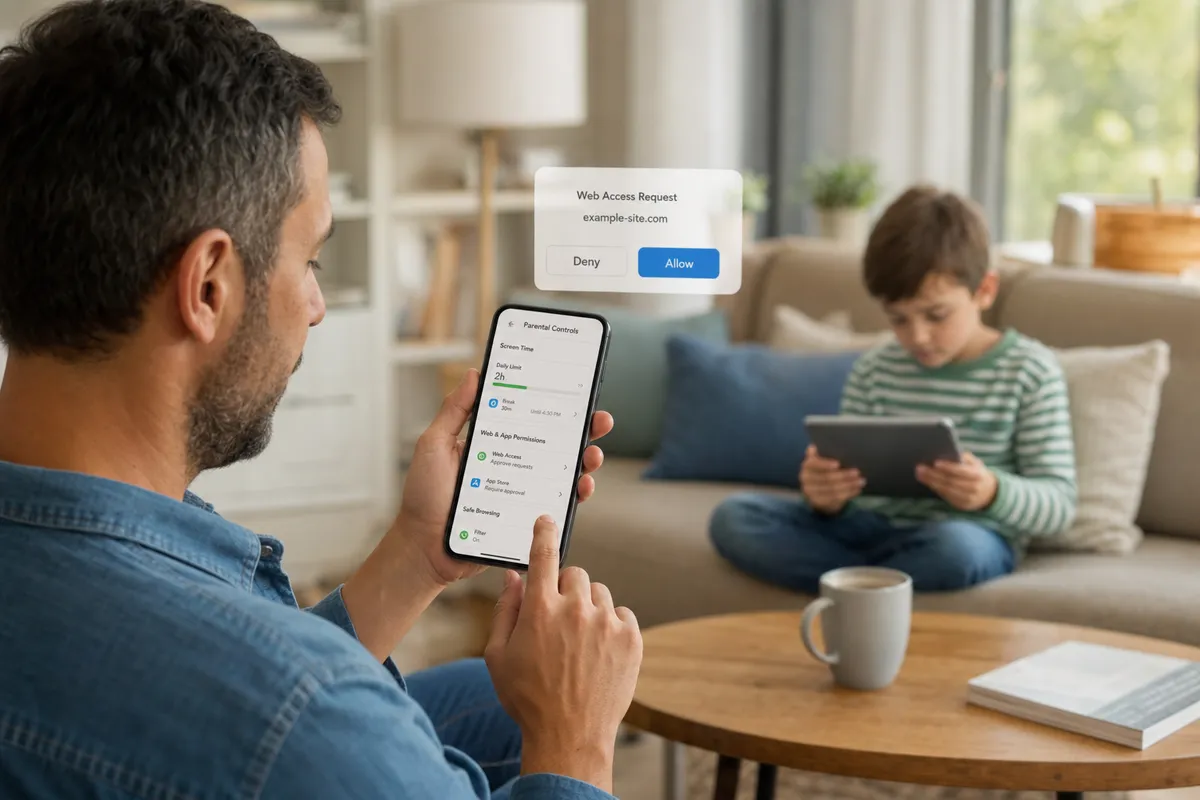 Genitore controlla le impostazioni di controllo parentale sullo smartphone mentre un bambino usa un tablet sul divano