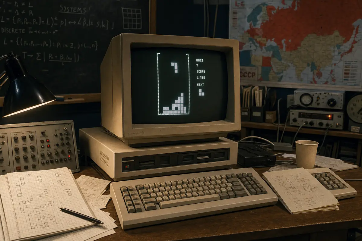 Computer vintage su scrivania con schermo a fosfori che mostra blocchi geometrici tipo Tetris, appunti e mappa URSS sullo