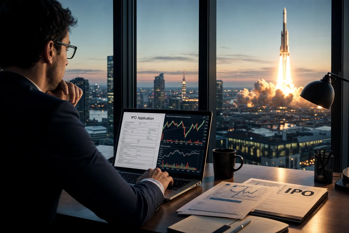 Investitore al computer con modulo IPO e grafici di Borsa, mentre un razzo decolla oltre la finestra dell’ufficio