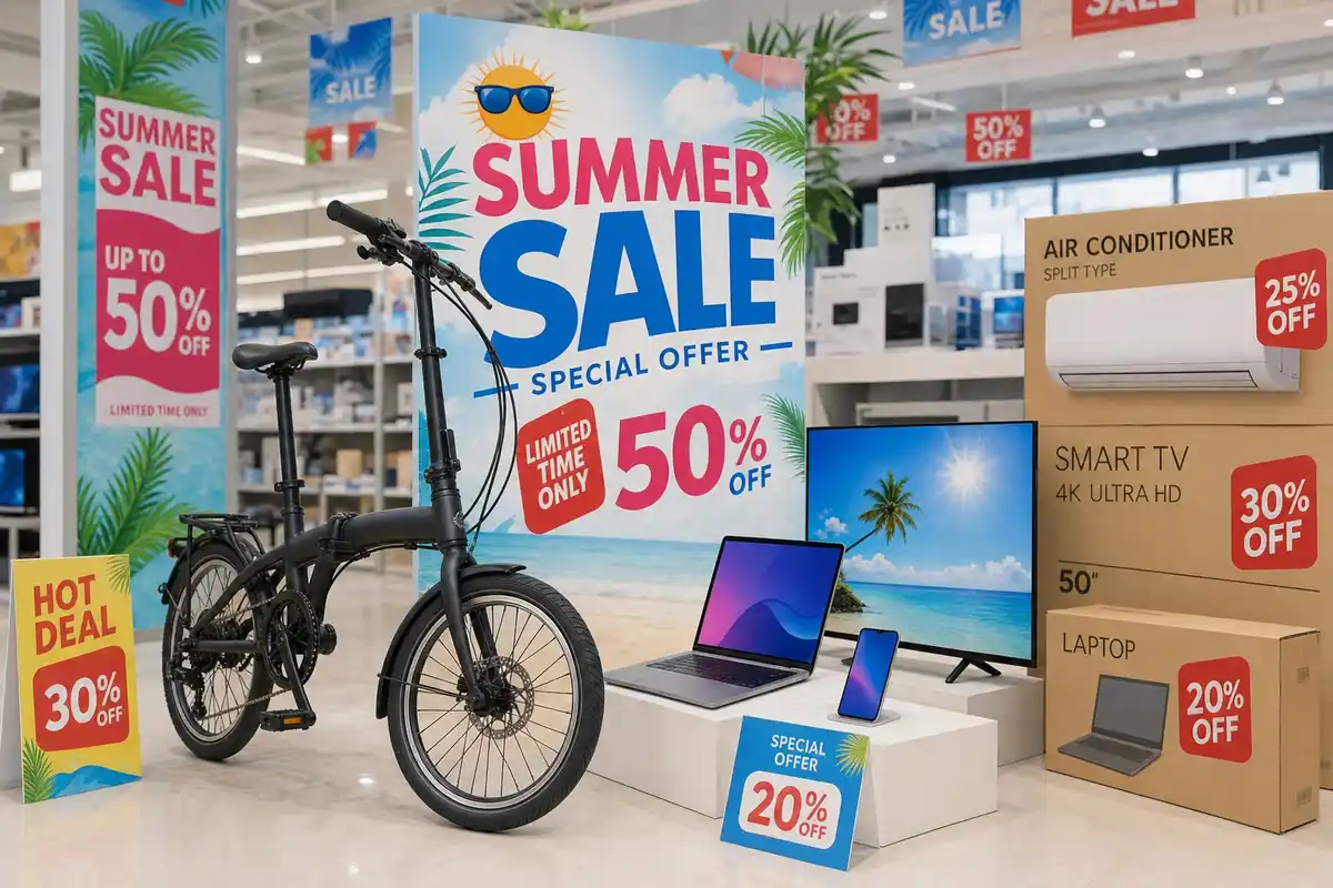 Bici pieghevole accanto a TV, laptop e smartphone con cartelli "Summer Sale" e sconti in un negozio di elettronica