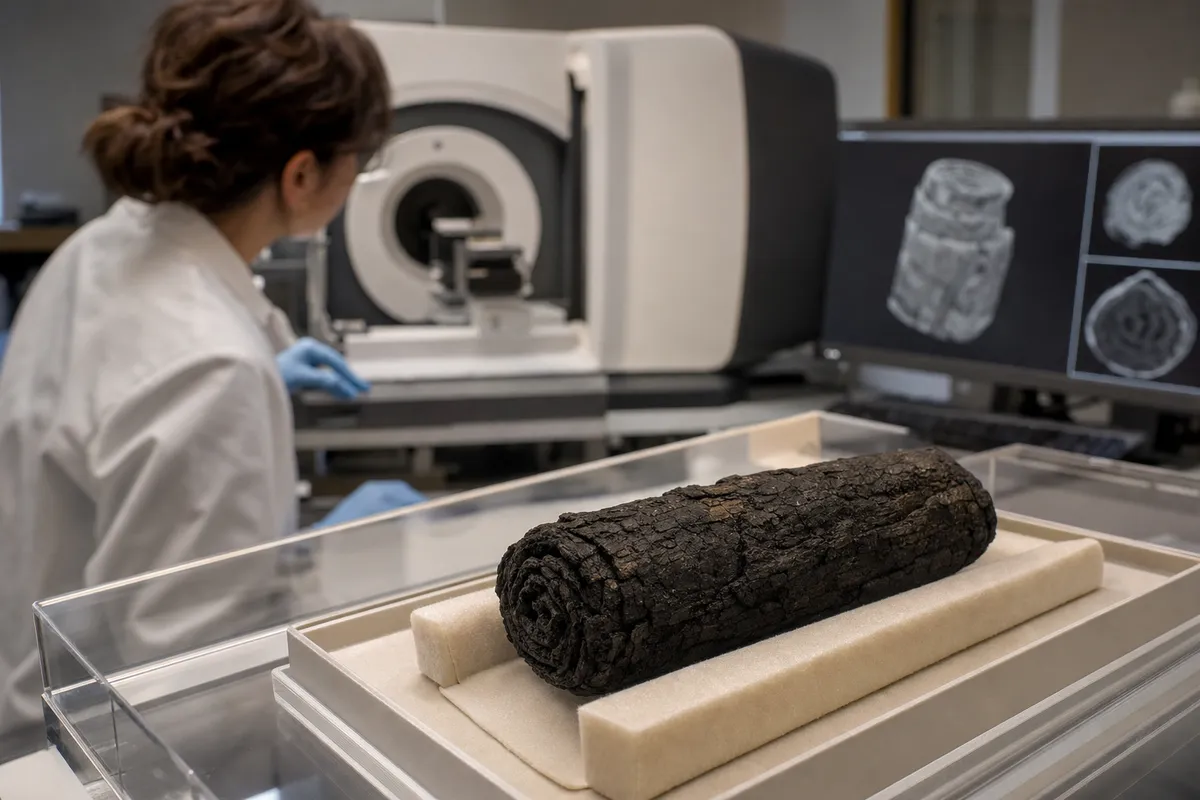 Rotolo di papiro carbonizzato su supporto in schiuma, in laboratorio con ricercatrice e scansioni su monitor