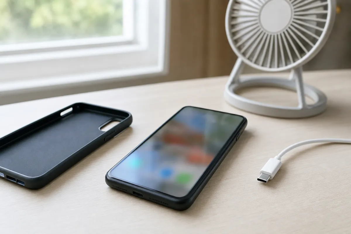 Smartphone su scrivania con cover rimossa, cavo di ricarica accanto e piccolo ventilatore sullo sfondo