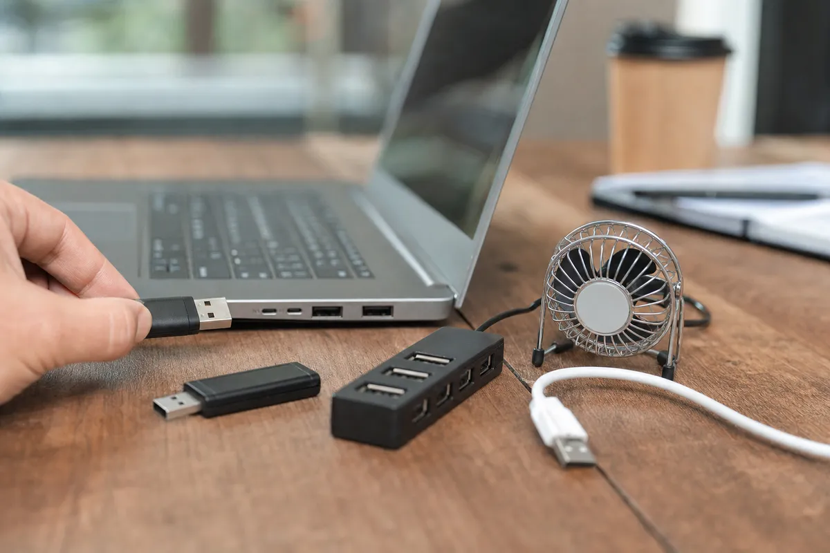 Mano con connettore USB vicino alle porte del laptop, con hub USB, chiavetta, cavo e mini ventola su scrivania