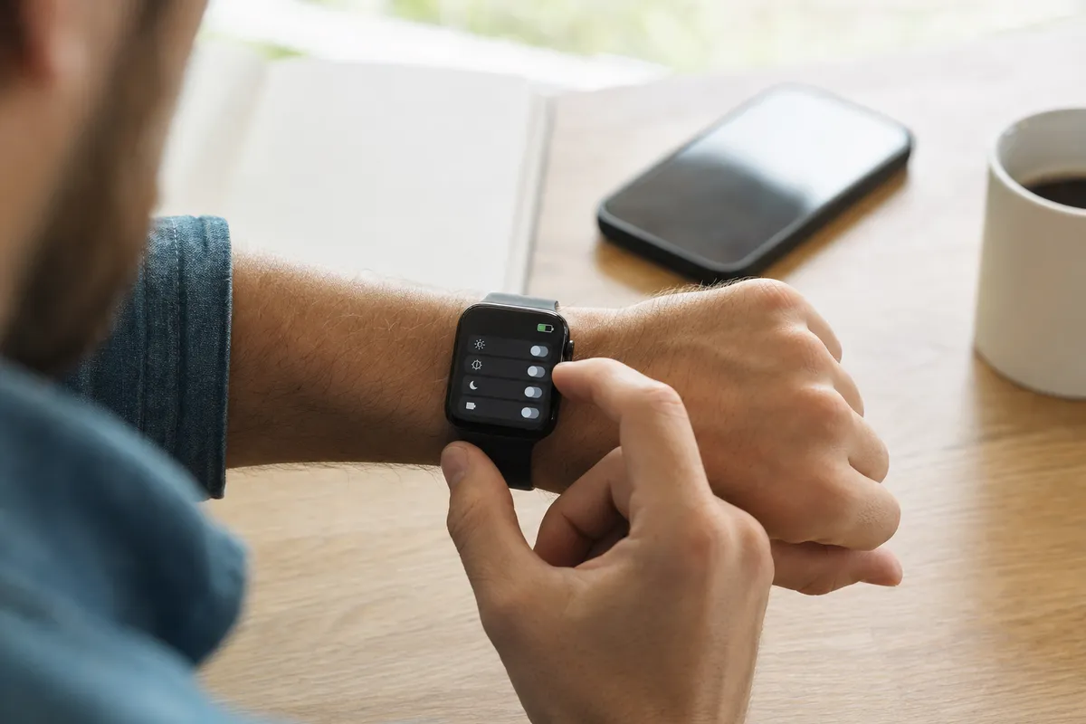Persona regola le impostazioni su uno smartwatch al polso, con smartphone e tazza di caffè sul tavolo