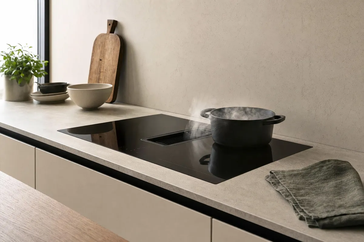 Piano a induzione con aspiratore integrato e pentola fumante su top in cucina moderna senza cappa
