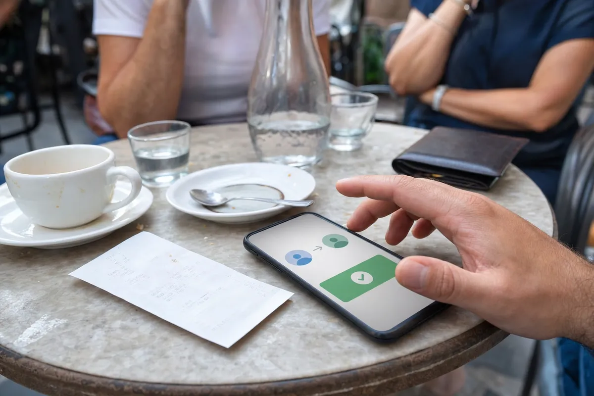 Smartphone con schermata di invio denaro sul tavolo di un bar, accanto a scontrino, tazzina e portafoglio