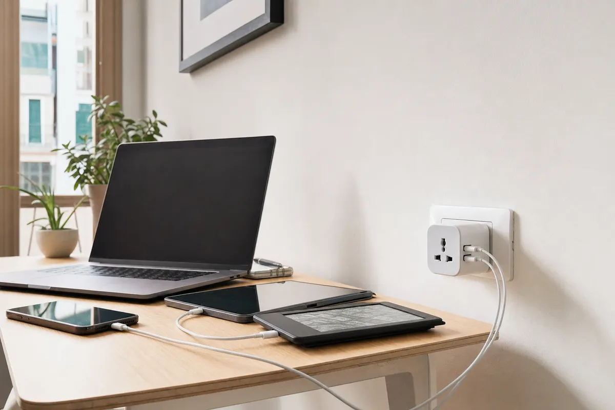 Scrivania con laptop, smartphone, tablet ed e-reader in carica tramite adattatore a muro con porte USB