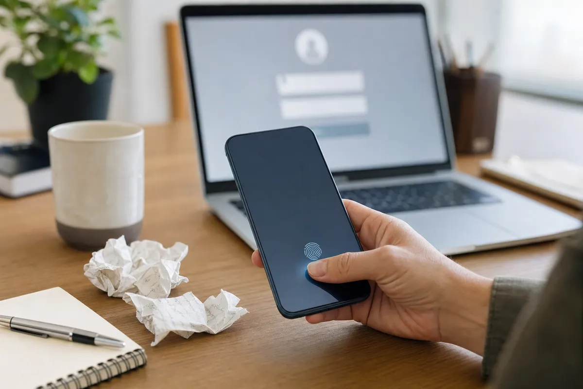 Mano che sblocca uno smartphone con impronta digitale davanti a un laptop con schermata di accesso sfocata