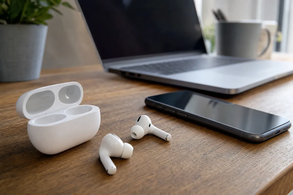 Auricolari wireless bianchi con custodia aperta su scrivania, accanto a smartphone e laptop sfocati