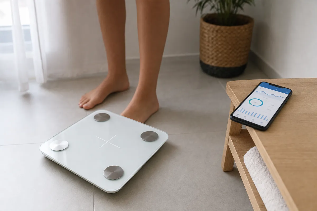 Bilancia smart in vetro su pavimento, piedi nudi accanto e smartphone con app di monitoraggio su sgabello