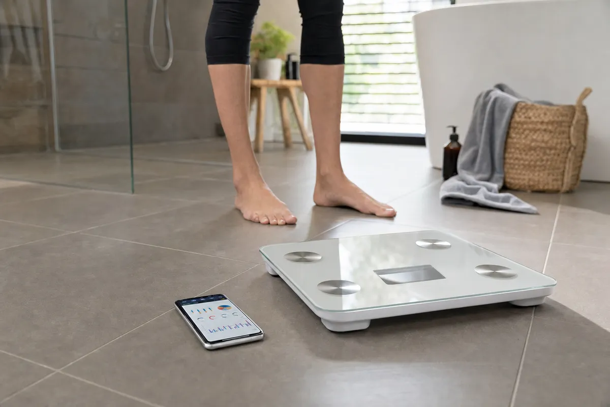 Bilancia smart in vetro su pavimento del bagno con smartphone e grafici, persona a piedi nudi pronta a pesarsi