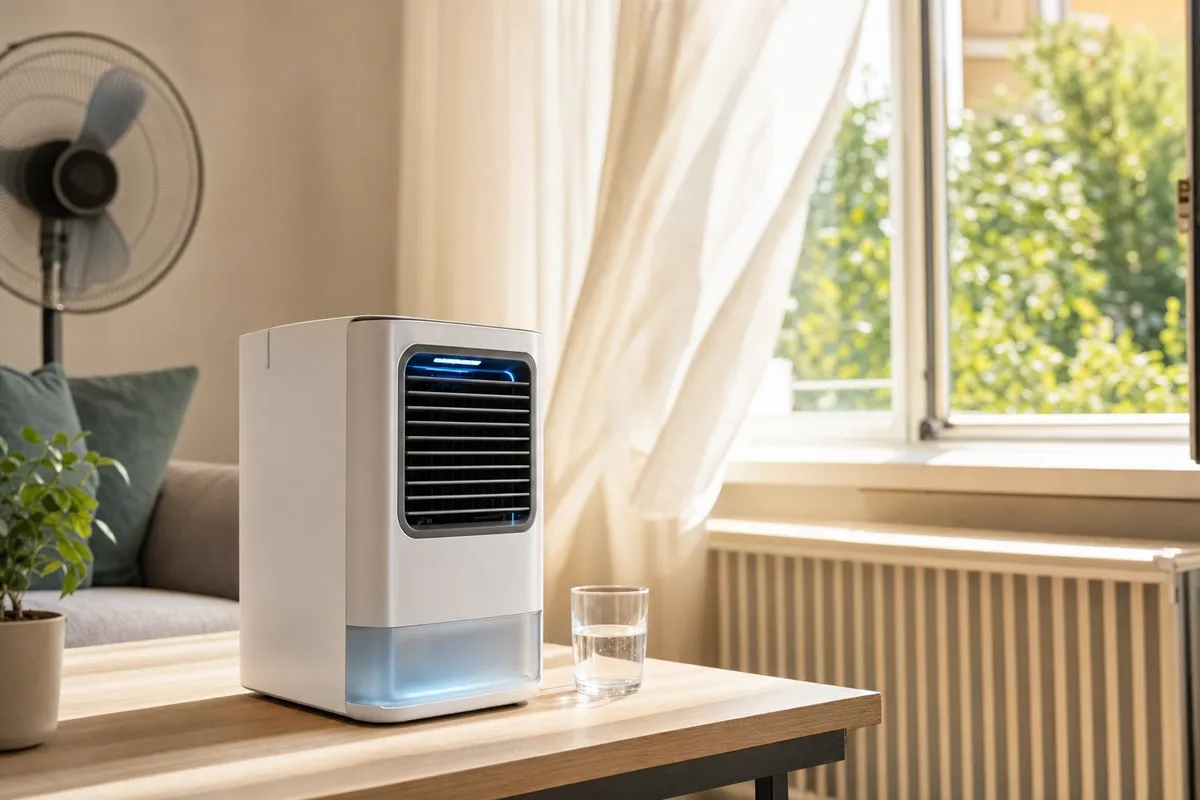 Raffreddatore d’aria compatto con luce blu su tavolino in soggiorno estivo, finestra aperta e ventilatore sullo sfondo