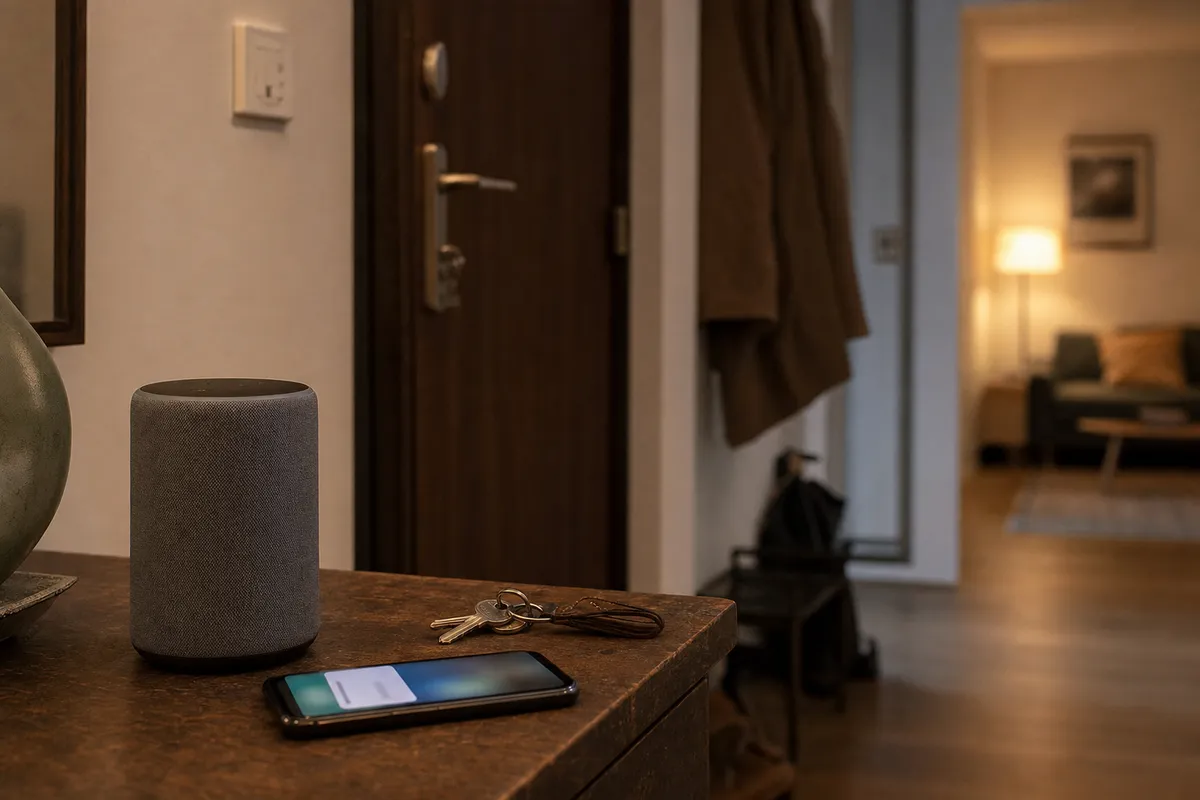 Altoparlante smart su consolle con smartphone in notifica e chiavi, davanti alla porta d’ingresso chiusa