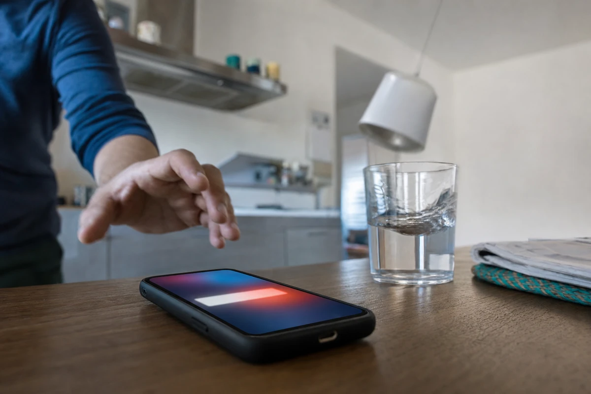Smartphone sul tavolo con schermo acceso e mano che lo raggiunge, mentre l’acqua nel bicchiere increspa