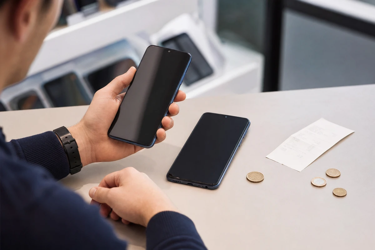 Persona confronta due smartphone su un tavolo, con scontrino e monete in euro accanto