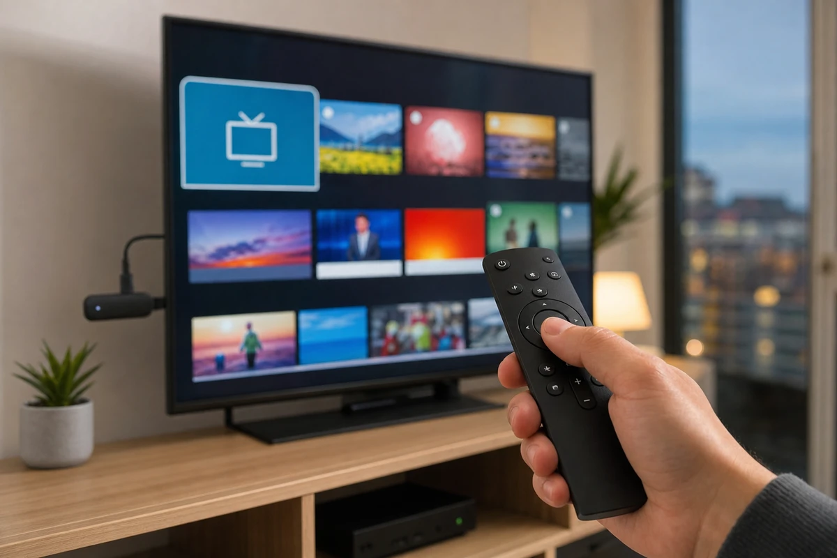 Telecomando in mano davanti a una smart TV con menu Live TV e canali in griglia nel salotto