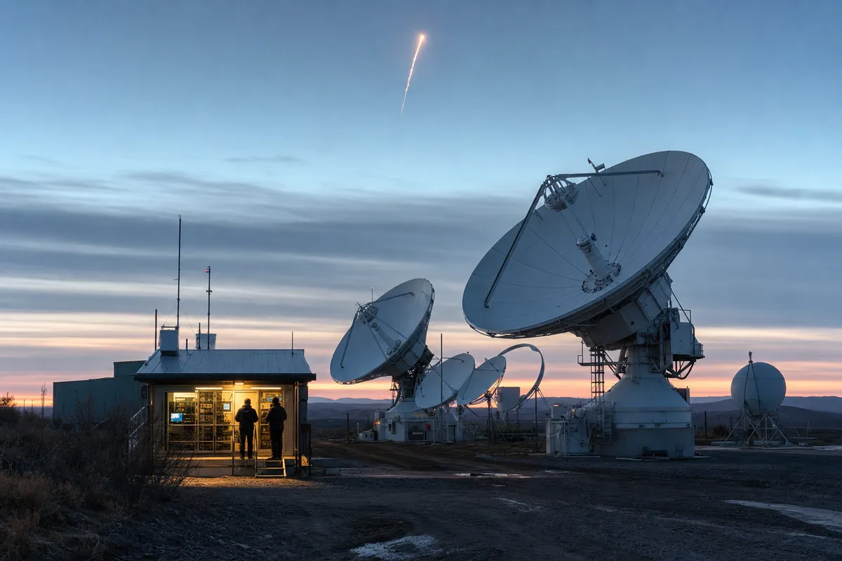 Grandi antenne paraboliche di una stazione satellitare al crepuscolo, con edificio operativo illuminato e scia luminosa nel