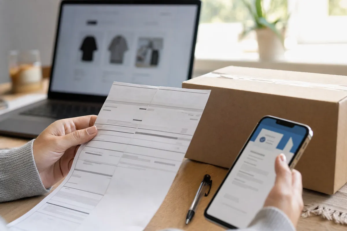 Mani che controllano una fattura accanto a un pacco, con smartphone e laptop sfocato su pagina acquisti