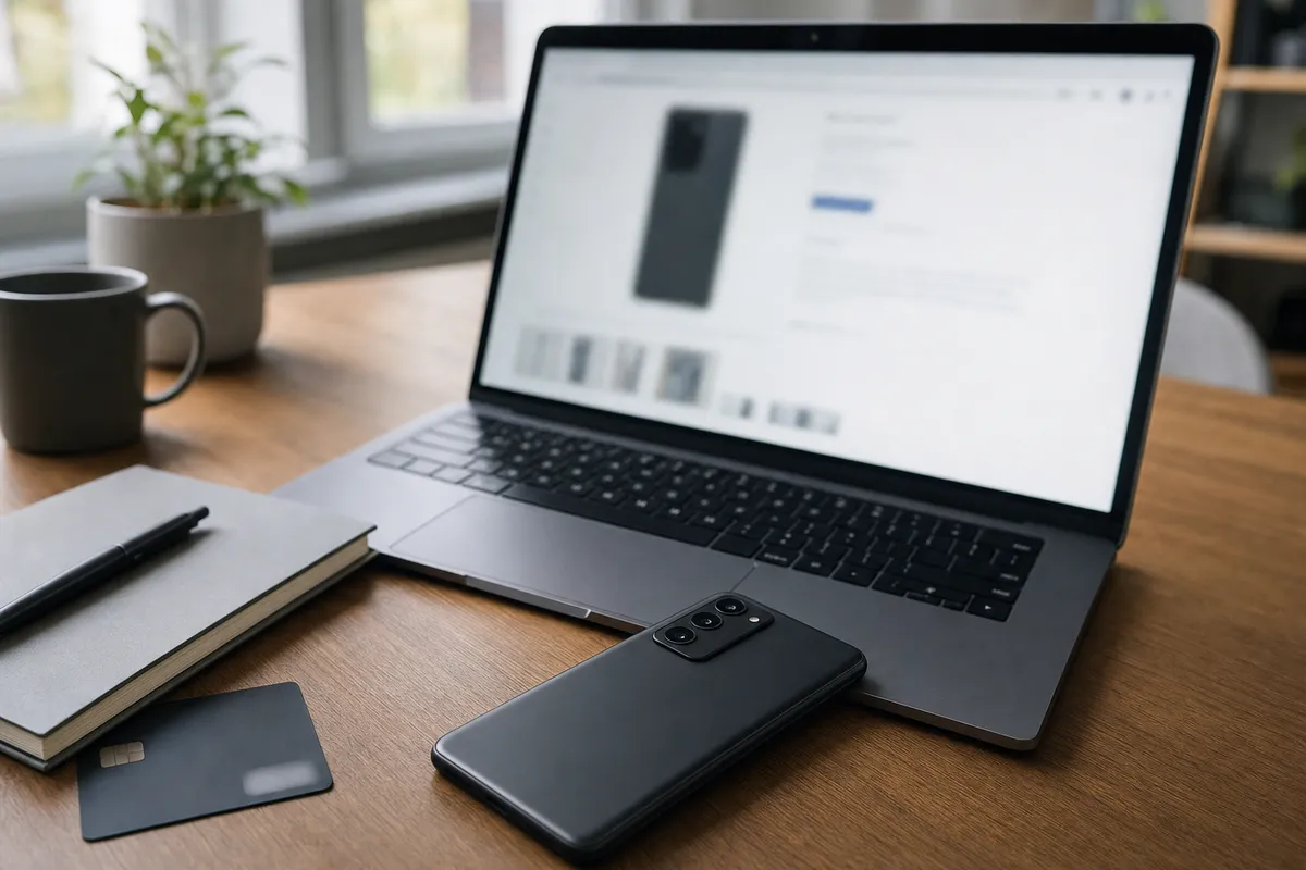 Smartphone nero su scrivania accanto a laptop con pagina e-commerce sfocata, carta di pagamento e taccuino