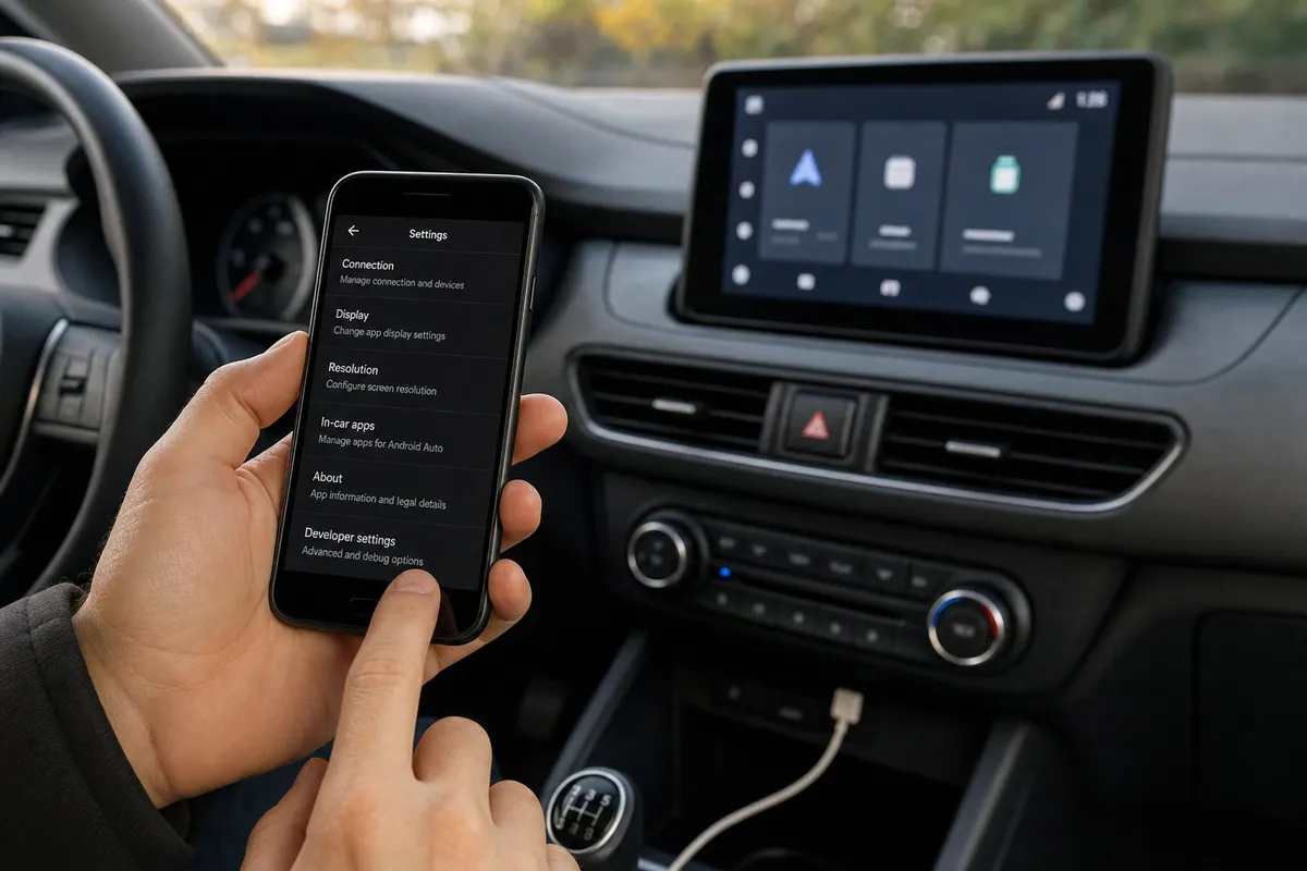 Mano che tocca le impostazioni su uno smartphone in auto, con schermo infotainment sfocato sul cruscotto