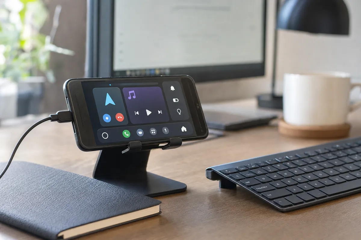 Smartphone Android su supporto da scrivania con interfaccia tipo dashboard, cavo di ricarica e tastiera in un home office
