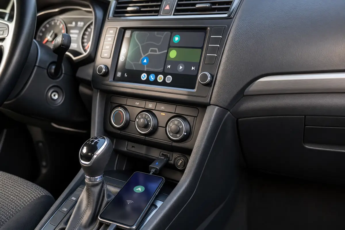 Cruscotto auto con schermo infotainment, smartphone sulla console e adattatore USB collegato