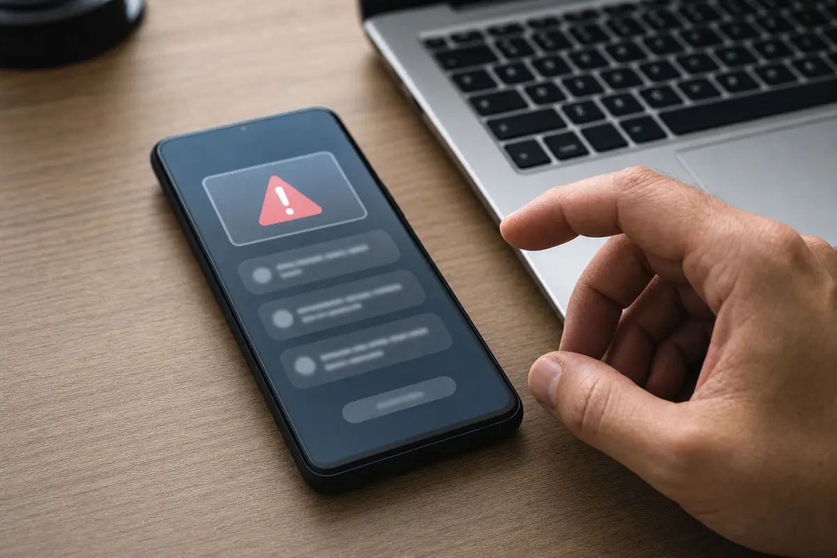 Smartphone sul tavolo con avviso di sicurezza e simbolo di attenzione, mano pronta a toccare lo schermo, laptop sullo sfondo