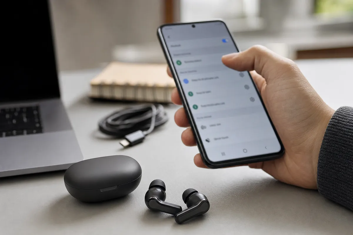 Smartphone in mano con schermata Bluetooth sfocata accanto ad auricolari true wireless e custodia su una scrivania