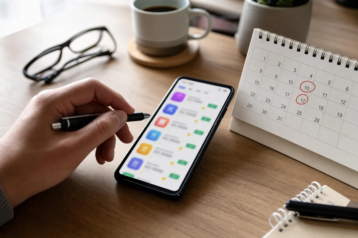 Mano con penna accanto a uno smartphone con elenco di app sfocato e calendario da tavolo con date cerchiate