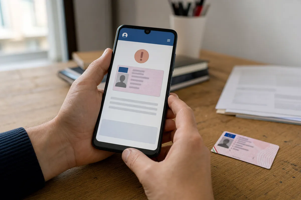 Mani che tengono uno smartphone con avviso di errore su documento digitale, con una tessera tipo patente sul tavolo