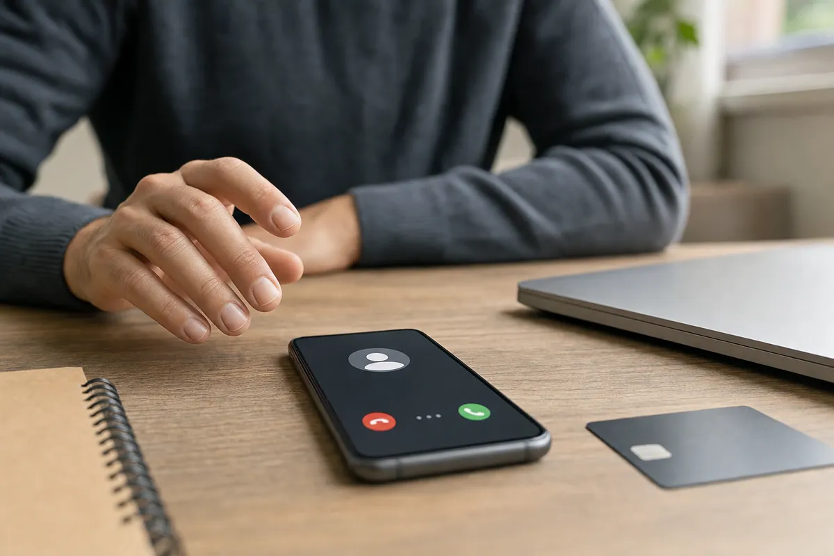 Mano esitante sopra uno smartphone con chiamata in arrivo su una scrivania, con laptop chiuso e carta di pagamento