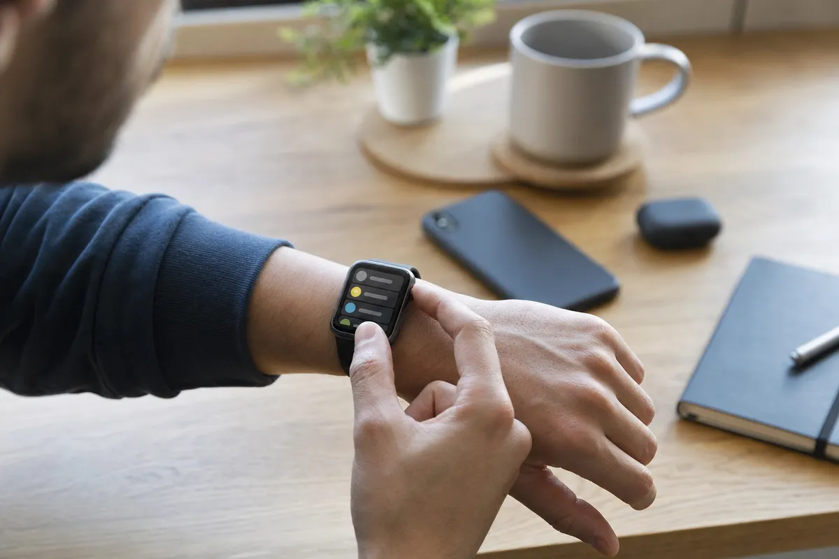Persona che tocca lo schermo di uno smartwatch al polso su una scrivania, con tazza, telefono e taccuino sfocati