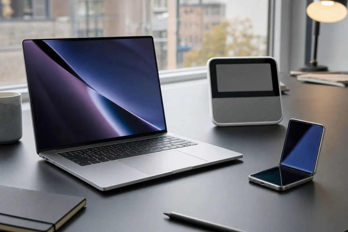 Laptop silver aperto su scrivania con hub smart con display e smartphone pieghevole semiaperto vicino a una finestra