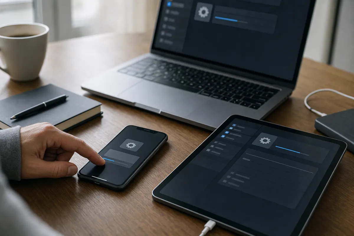 Mano che tocca lo schermo di uno smartphone con barra di aggiornamento, accanto a tablet e laptop su scrivania