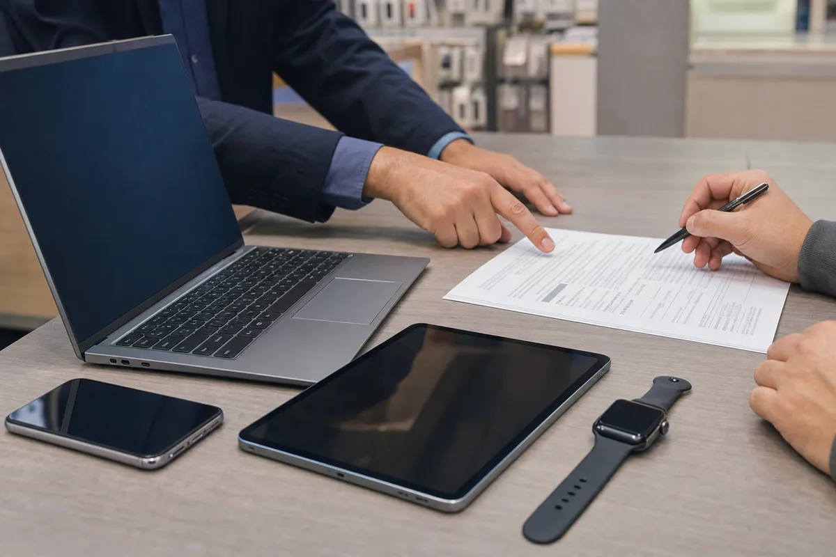 Laptop, tablet, smartphone e smartwatch su un tavolo mentre due persone discutono e firmano un contratto