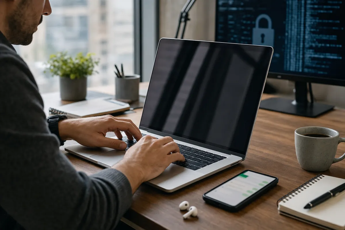 Persona che digita su un laptop con smartphone sul tavolo e schermo con lucchetto e codice in sfondo