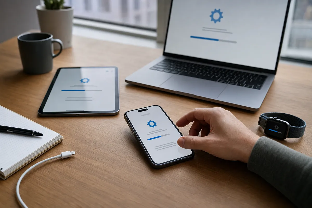 Mano su smartphone con schermata di aggiornamento software, con laptop, tablet e smartwatch su scrivania