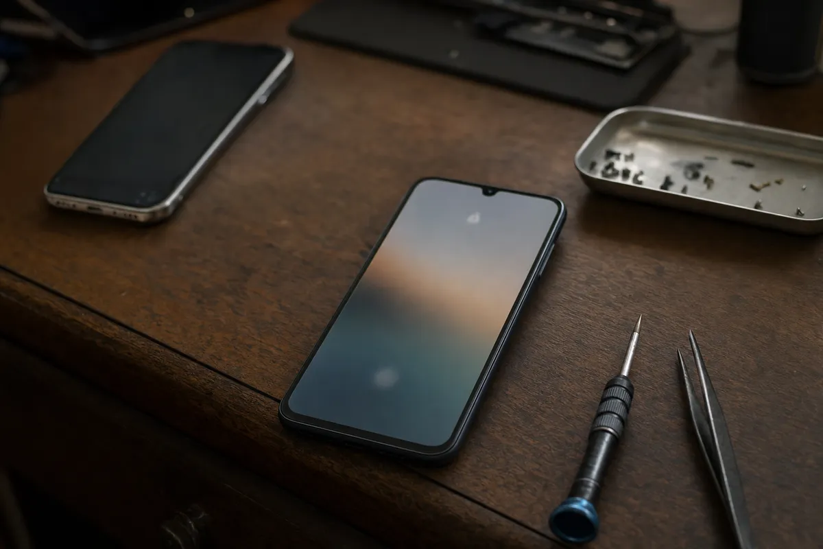 Smartphone con schermo sfocato su tavolo di legno, con cacciavite, pinzette e vassoio di viti