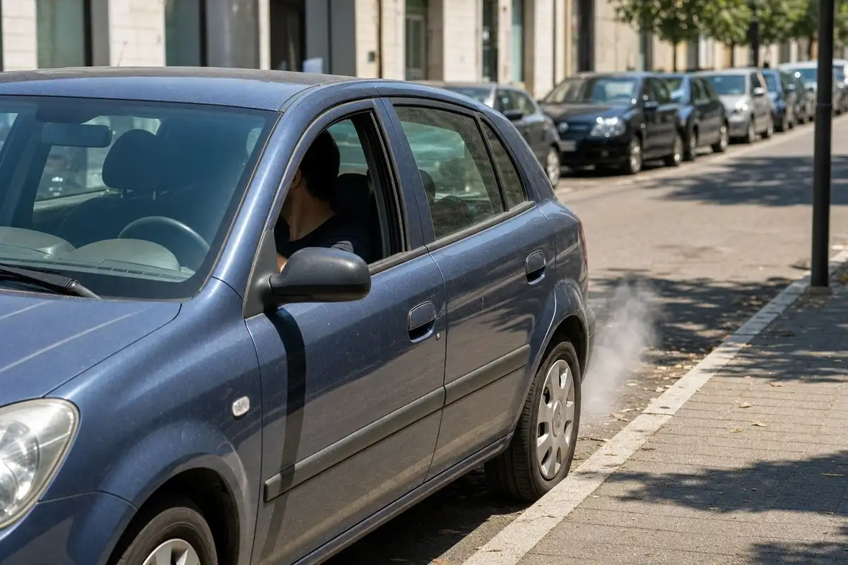 Auto compatta blu in sosta a bordo strada con conducente a bordo e fumo di scarico visibile sul retro