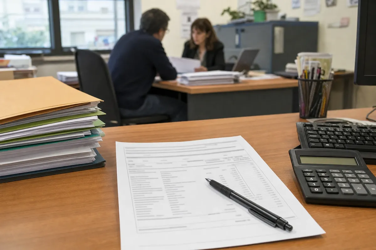 Scrivania in ufficio comunale con busta paga sfocata, penna, calcolatrice e pile di pratiche; impiegati sullo sfondo