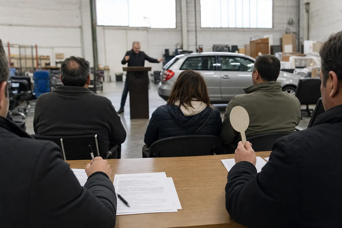Partecipanti seduti a un’asta giudiziaria in magazzino, con moduli sul tavolo e un’auto sullo sfondo