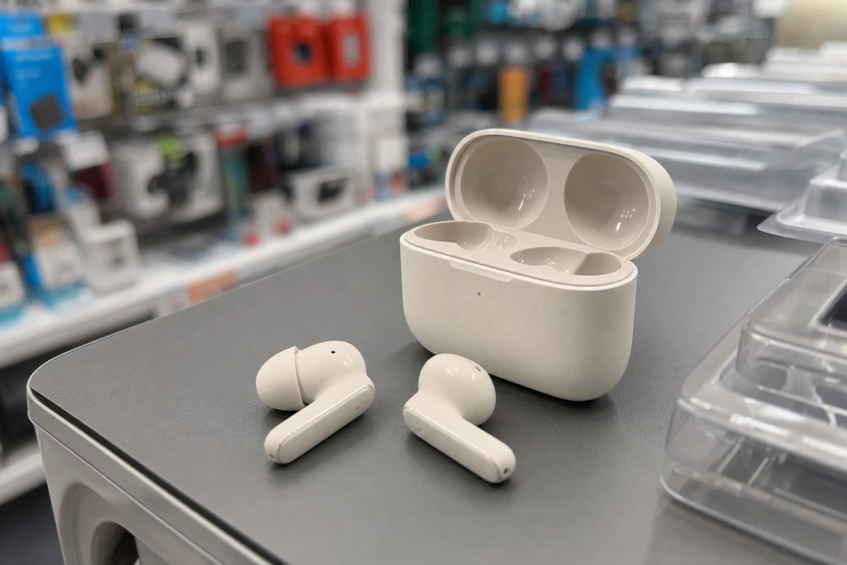 Auricolari true wireless bianchi con custodia di ricarica aperta su un bancone, sfondo di negozio sfocato