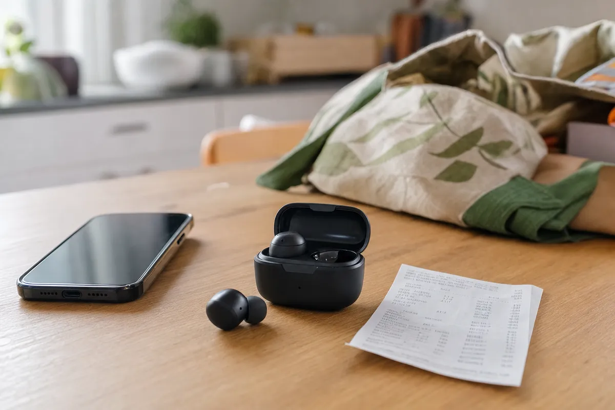Auricolari true wireless neri con custodia aperta su un tavolo, accanto a smartphone e scontrino