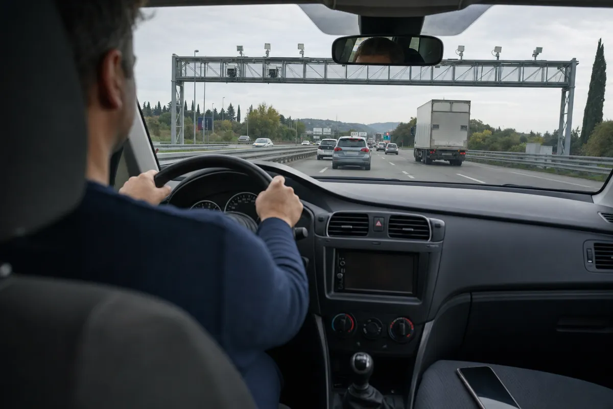 Conducente visto da dietro in auto in autostrada, con portale di telecamere sopra la carreggiata e smartphone sul sedile