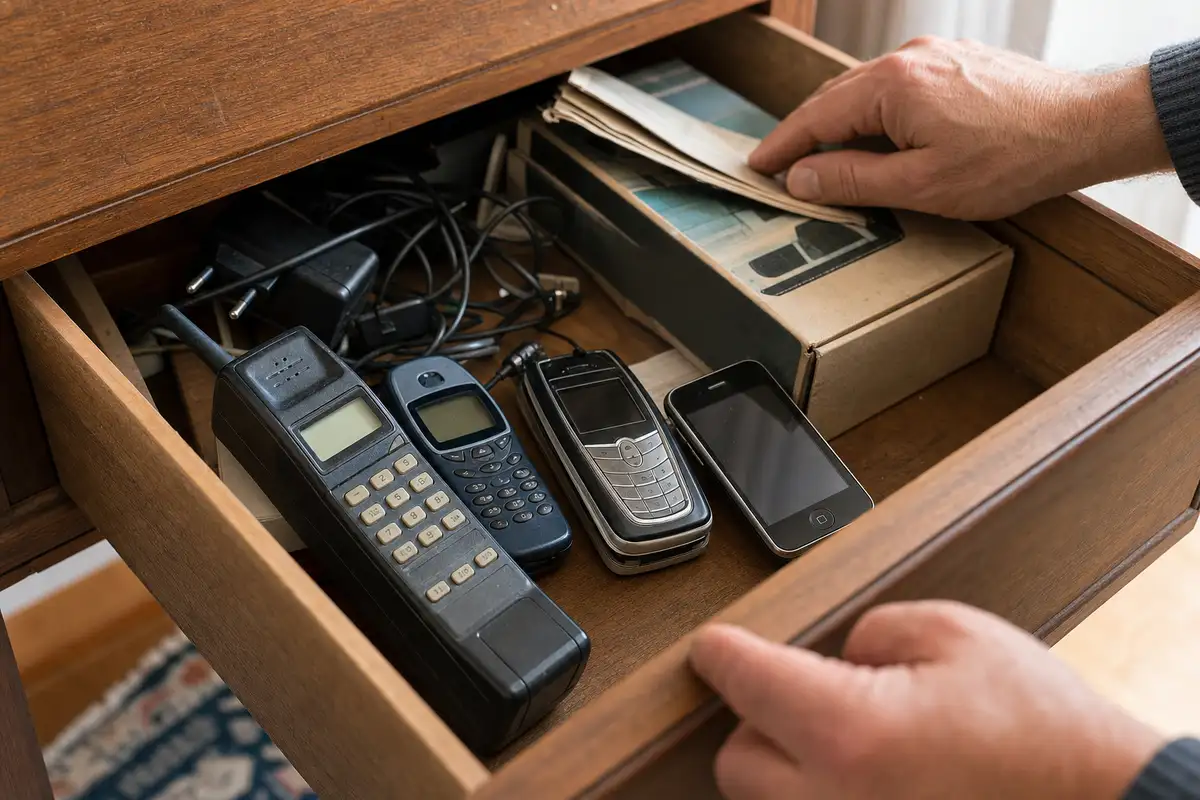 Cassetto aperto con vecchi cellulari, cavi e scatola, mentre una mano sposta dei fogli