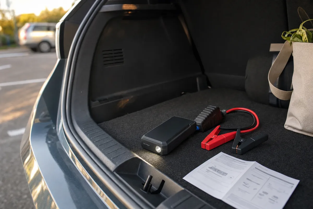 Avviatore d’emergenza portatile con pinze rosse e nere nel bagagliaio aperto di un’auto