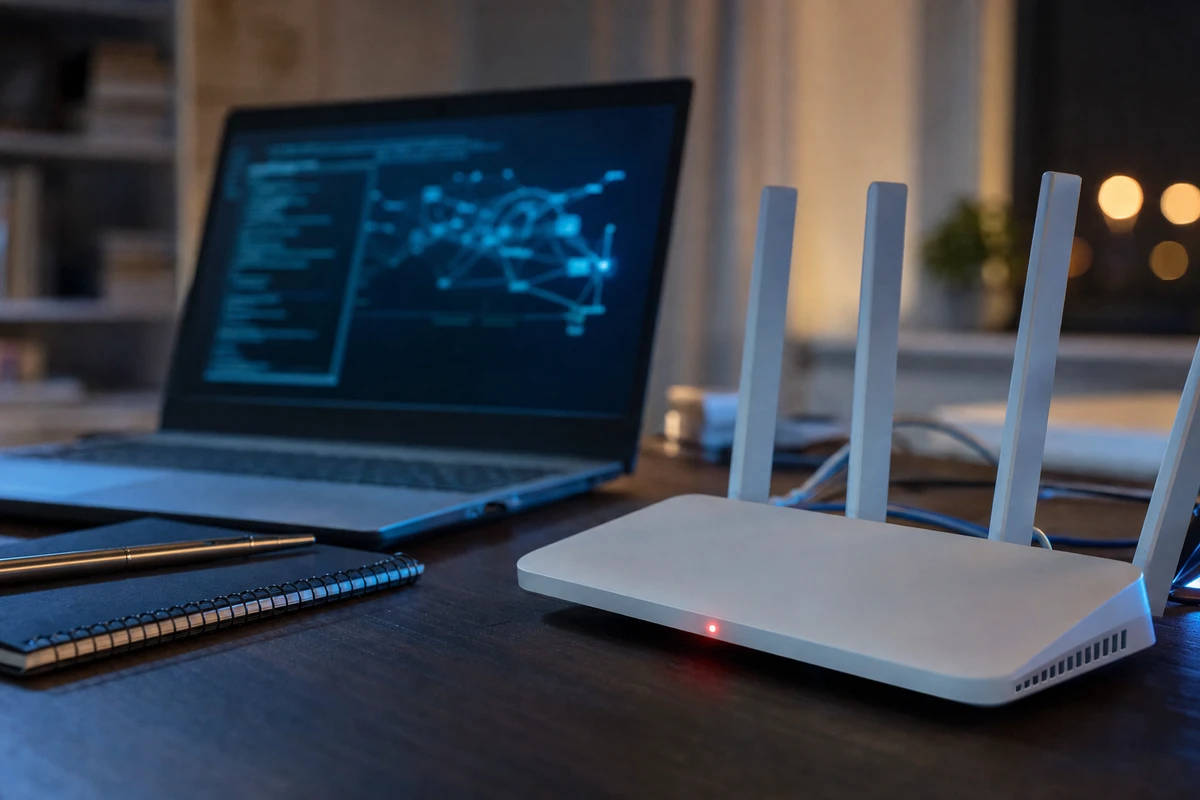 Router Wi‑Fi bianco con quattro antenne e LED rosso acceso su una scrivania, con laptop sfocato sullo sfondo