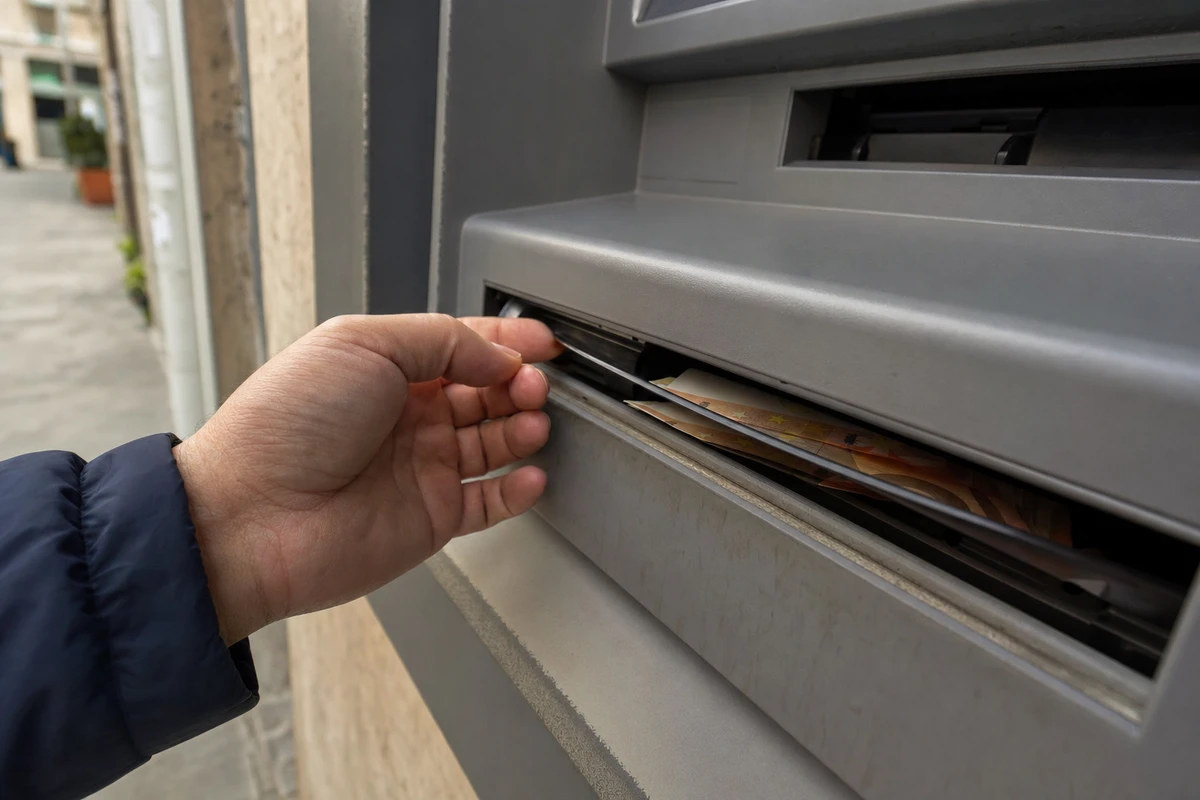 Mano che controlla la fessura di erogazione di un bancomat con banconote in euro bloccate all’interno