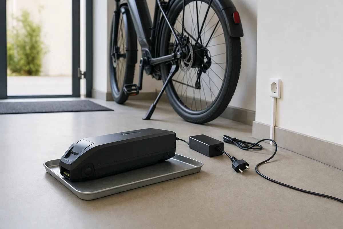 Batteria rimovibile per e-bike su vassoio metallico con caricatore scollegato, bici sullo sfondo in un ingresso